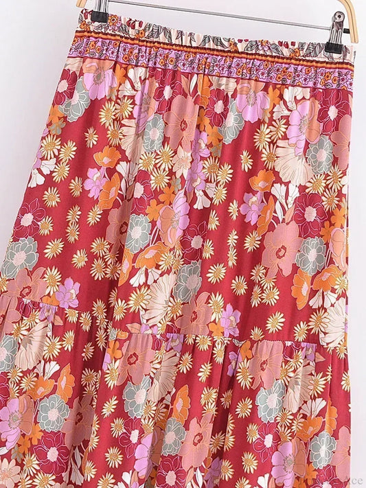 Tassel Elastic Waist Floral Printed Beach Boho Pleated Maxi Skirt skirt-250126