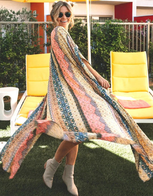 Tassel Lace-up Kimono Cotton Printed Bikini Cover up floral print / One Size bohocoverup-250126