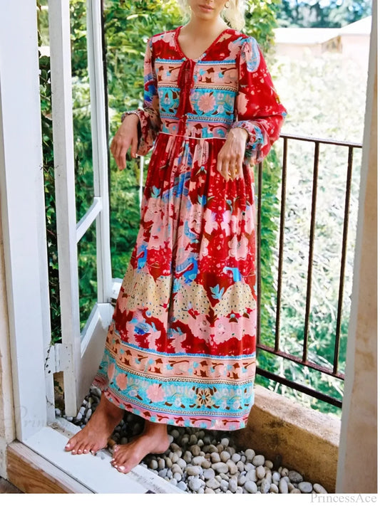 Tassel Red Floral Print Rayon Cotton Pleated Long Maxi Boho Sundress Green / S bohodress-250126