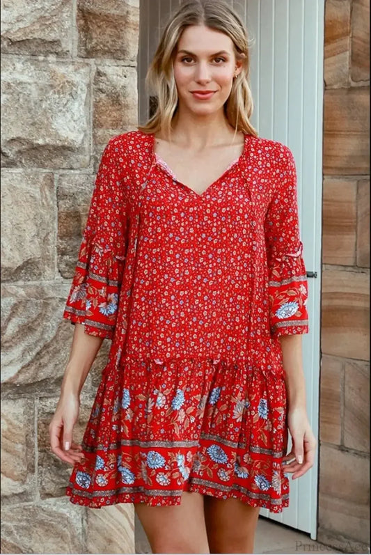 Tie Neck Ruffles Floral Print Rayon Summer Mini Vacation Boho Dress bohodress-250126