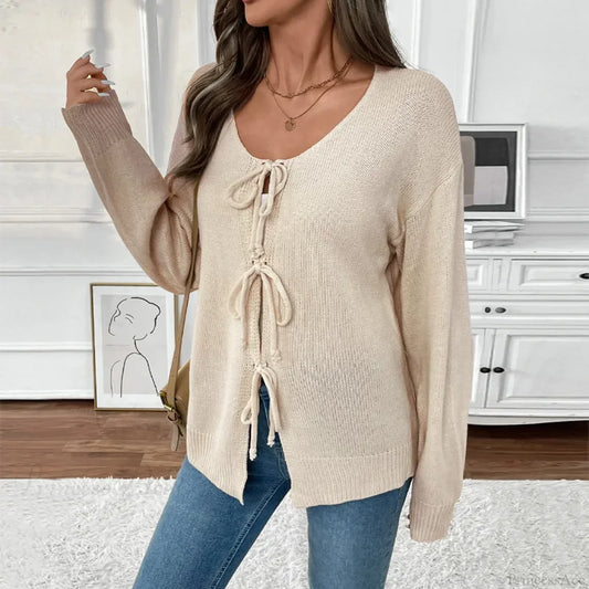Tie-Up Round Neck Solid Sweater Coat Cardigan APRICOT / S cardiagn-250126