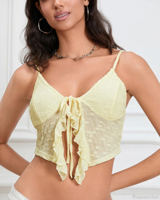 Tied Front Lace Trim Spaghetti Strap Club Crop Vest Top croptop-250126