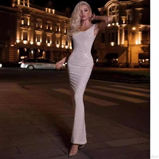 Trendy Stretchy Long Dress Backless Party Prom Dress off white / XS promdress-250223