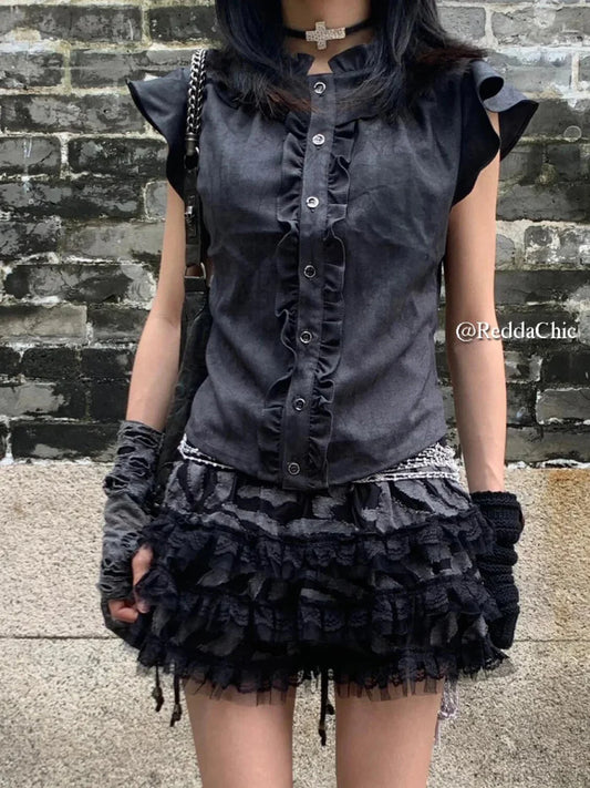 Trim Puffy Frilly Skirt Black / XS