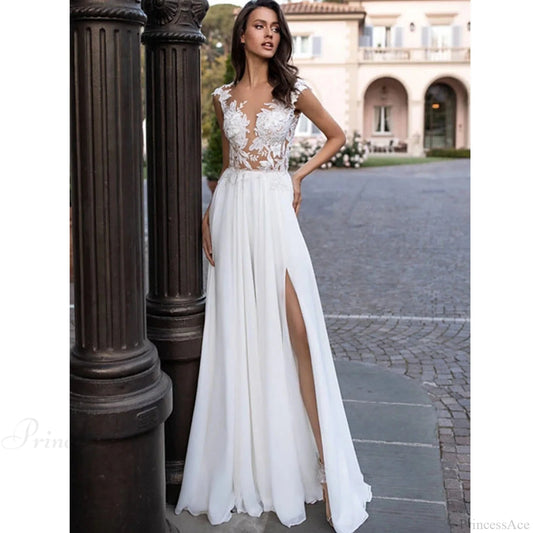 U-Neck Long Sleeve Backless Wedding Dress White / 2 weddingdress-250223