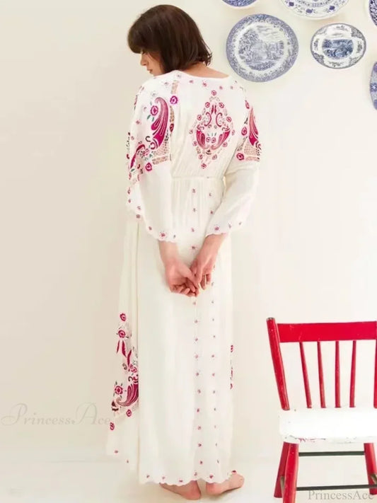 V Collar Embroidery Oversized Casual Cotton Boho Dress bohodress-250126