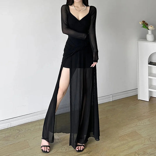 V-Neck Asymmetrical Hem Gothic Full-Length Dress