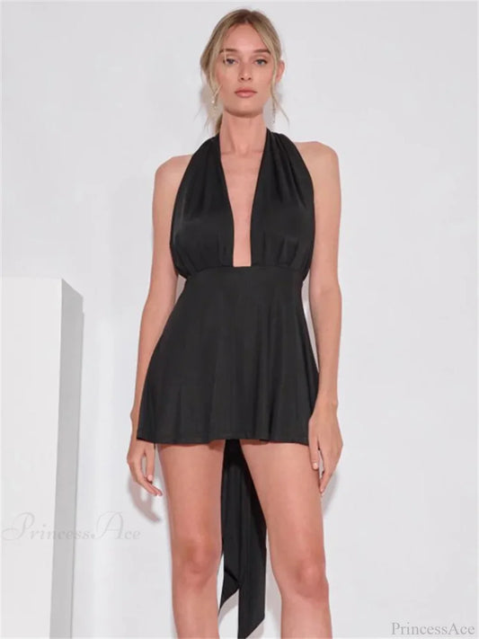 V-Neck Backless Bandage Mini Dress Black / S minidress-250223