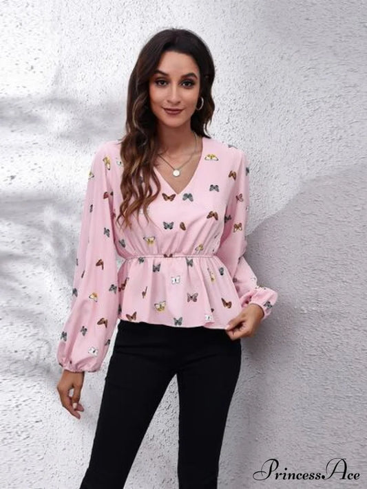 Butterfly V-Neck Balloon Sleeve Peplum Blouse Blush Pink B&S clothes long sleeve shirt long sleeve shirts long sleeve top long sleeve tops Ship From Overseas shirt shirts top tops