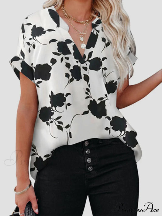 Women's New Floral Print Casual V-Neck Short Sleeve Shirt White clothes shirt shirts short sleeve short sleeve shirt top tops