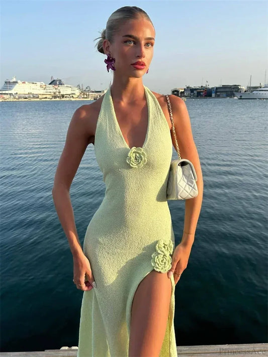 V-Neck Floral Knit Backless High Waist Dress floraldress-250126