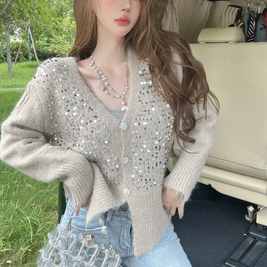 V-neck Gray Sequin Knit Short Cardigan Khaki / One Size