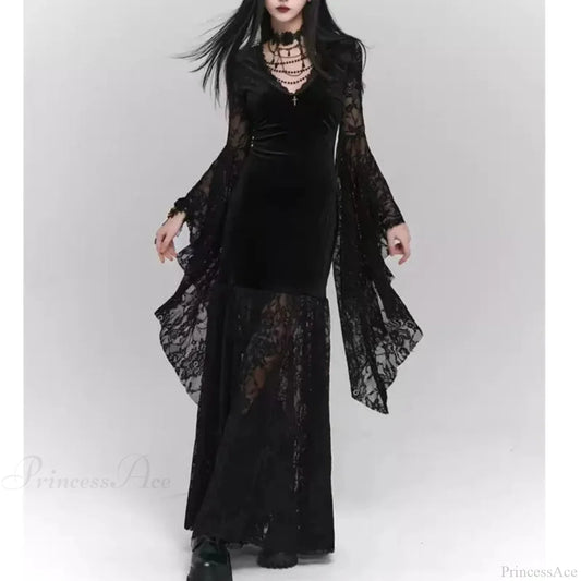 V-neck Irregular Flare Lace Midi Dress Black / S