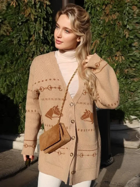 V-neck Printed Button Cardigan Brown / S