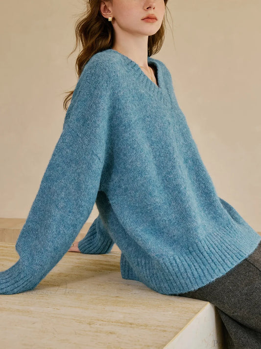 V-Neck Pullover Wool Warm Sweater Blue / XS