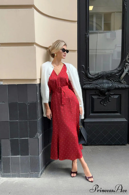 V Neck Satin Ruched Mermaid Maxi Dress Red / S