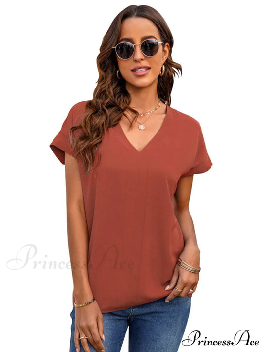 V-Neck Solid Sleeve T-Shirt For Short Women