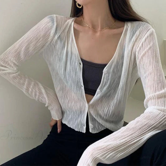 V-Neck Thin Long Sleeve Sunscreen Casual Black White Cardigan White / One Size cardiagn-250126