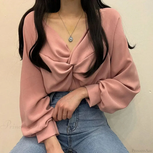 V-neck Twisted Lantern Sleeve Solid Casual Blouse Pink / One Size blouse-250126