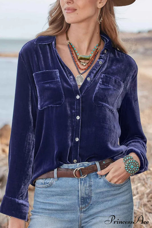 Velvet Button Up Blouse With Lapel Purple Orchid / M Blouses