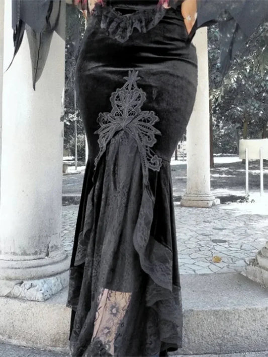 Velvet Lace Patchwork Trumpet Skirt