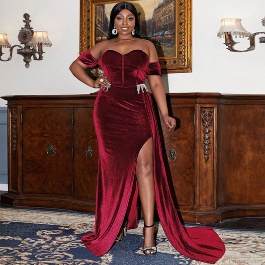 Velvet One Shoulder Slit Floor Length Prom Dress promdress-250223