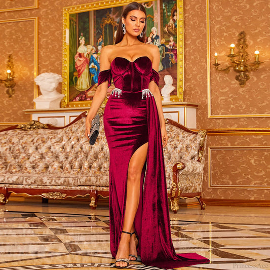 Velvet One Shoulder Slit Floor Length Prom Dress red / S promdress-250223