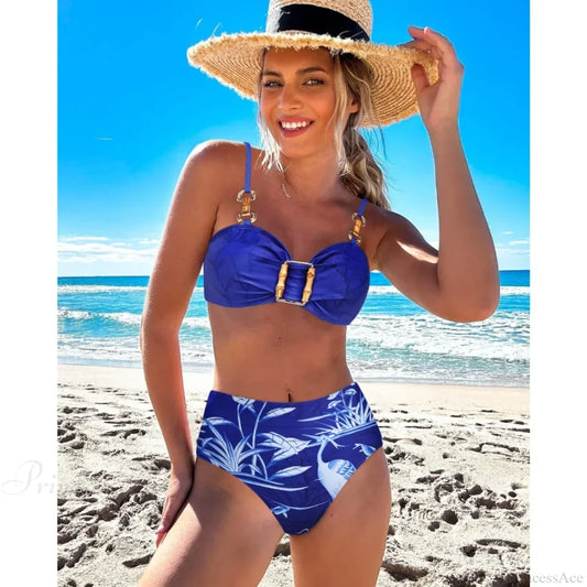 Vintage Bamboo Print Sarong Two Piece Set blue / S