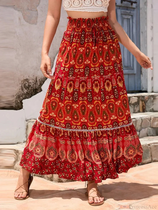 Vintage Beach Bohemian Floral Print Elastic Waist A-Line Skirt Red / S skirt-250126