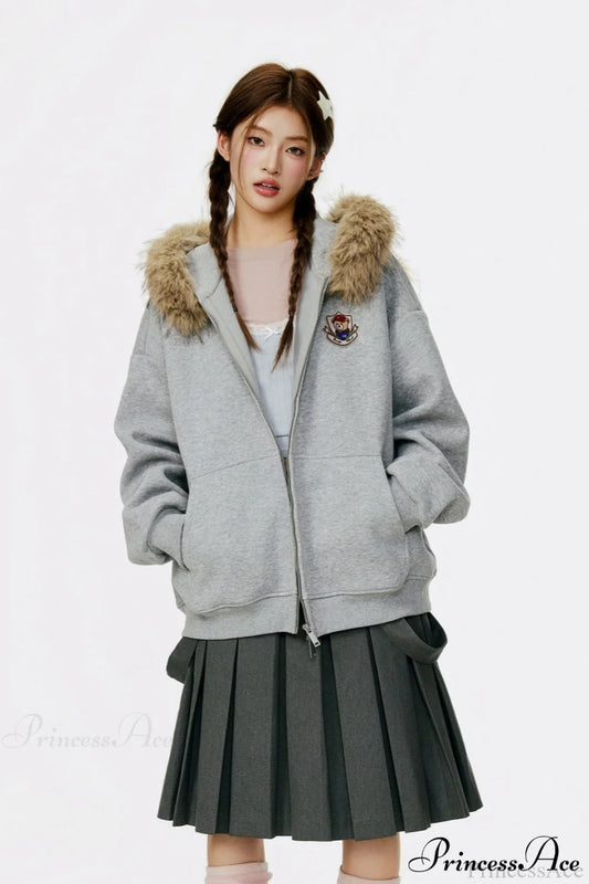 Vintage Bear Ear Fleece Collar Zip Hoodie Grey / S