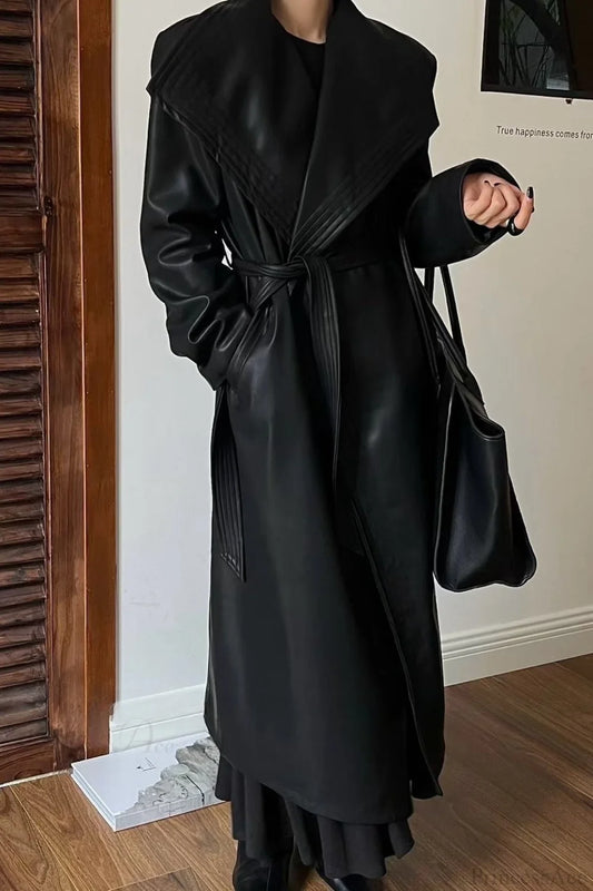Vintage Broad Lapel Waist-Tied Leather Overcoat Black / M