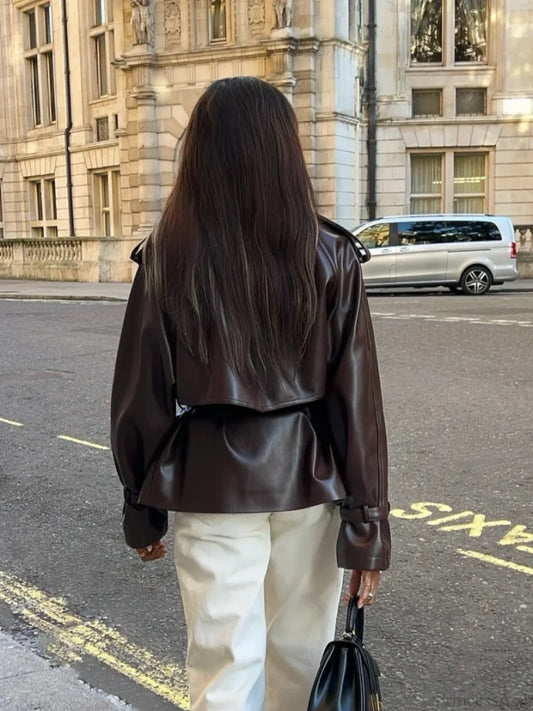 Vintage Brown Button PU Leather Coat