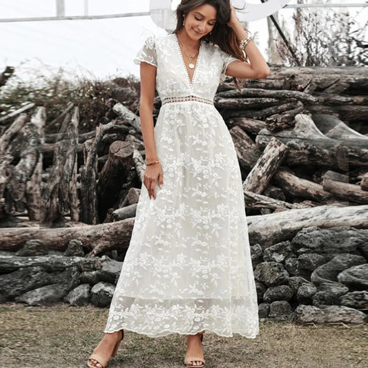 Vintage Deep V Short Sleeve Dress White / S bohodress-250126