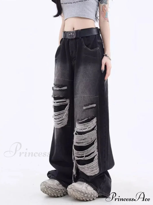Vintage Distressed Washed Summer Loose Fitting Wide Leg Straight Tube Trendy Street Women’s Jean