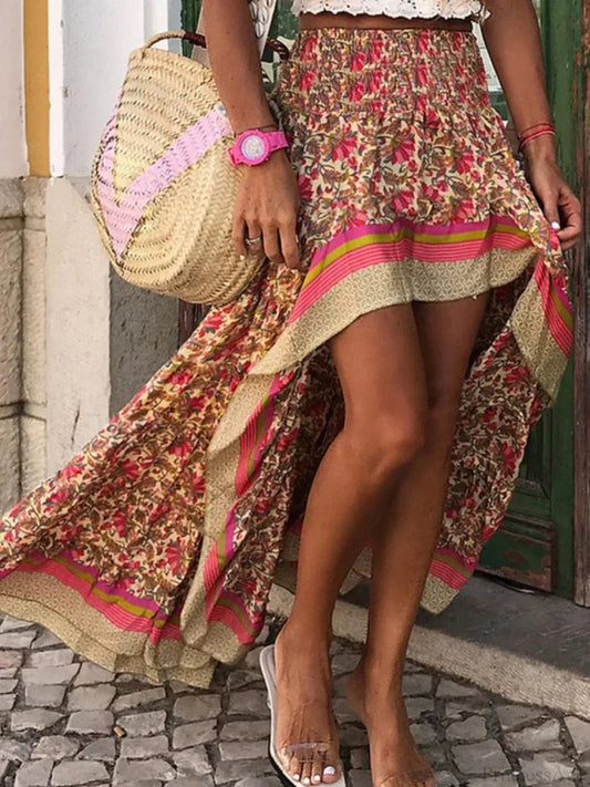 Vintage Fashion Ethnic Floral Print Beach Bohemian Irregular A-Line Boho Skirt Red / S skirt-250126