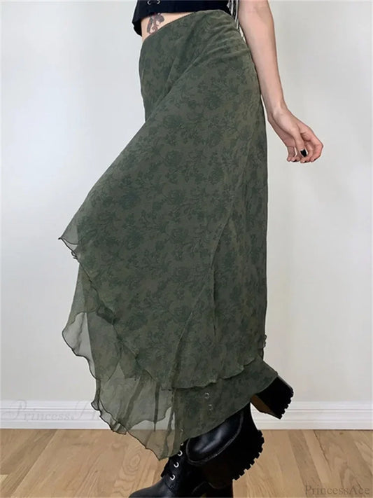 Vintage Floral Midi Skirt High Waist Mesh Irregular skirt-250126