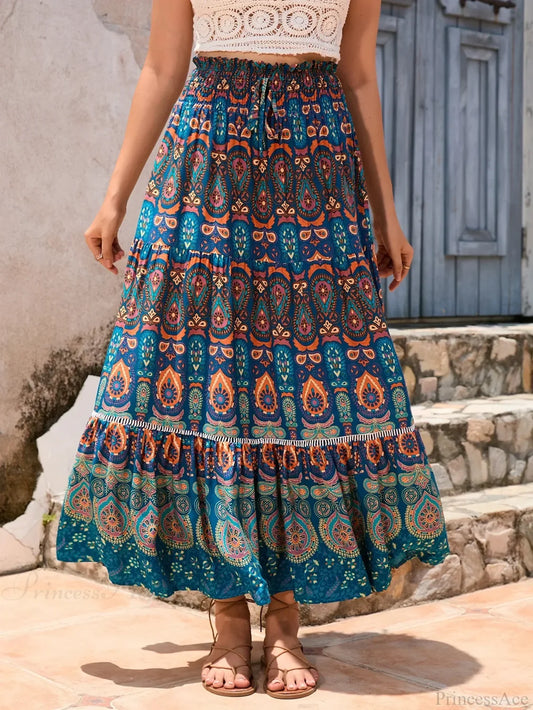 Vintage Floral Peacock Skirt High Elastic Beach Bohemian A-line Malachite Blue / S