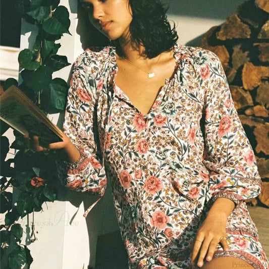 Vintage Floral Print Long Sleeve Ruffles Tassel Rayon Mini Boho Dress bohodress-250126