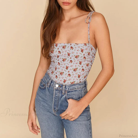 Vintage Floral Smocked Tie Strap Slim Fitted Crop Cami Top croptop-250126