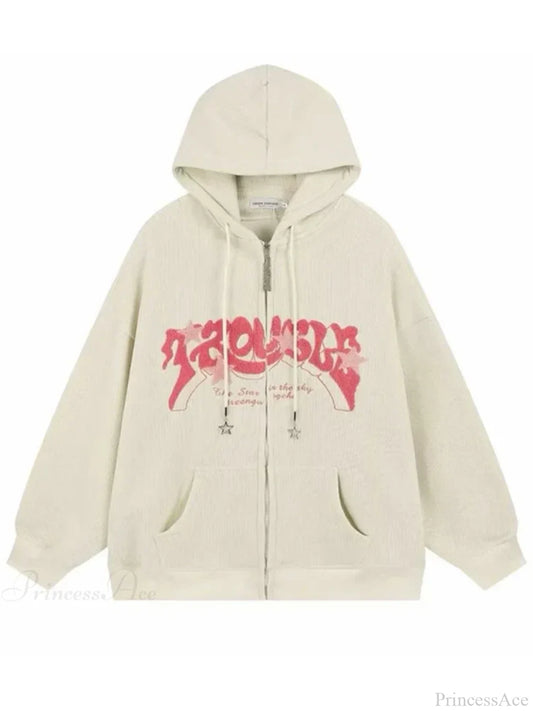 Vintage Goth Corduroy Zip Up Hoodie Beige / M(40-50KG)