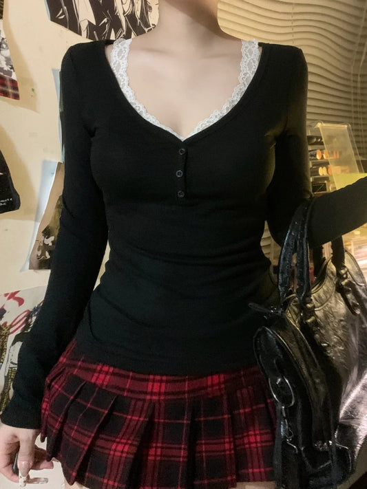 Vintage Lace Sleeve Knit Top Black / S