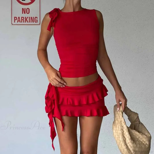 Vintage Lettuce Edge Tie Up Crop Top + Ruched Tiered Ruffles Mini Skirt Coquette 2 Piece Set Women Club Party