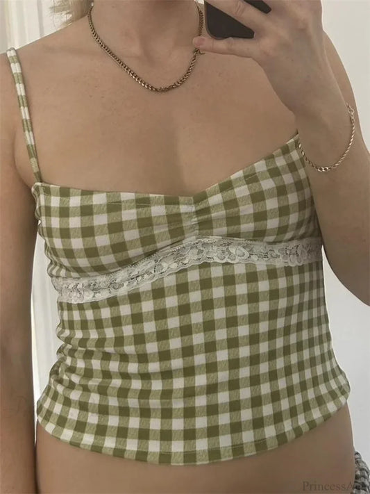 Vintage Plaid Lace Patchwork Spaghetti Crop Top GREEN / S croptop-250126