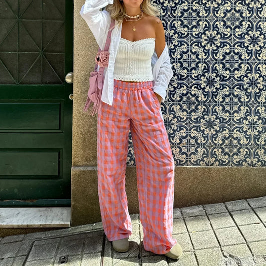 Vintage Plaid Loose Wide Leg Boho Palazzo Pant pant-250223