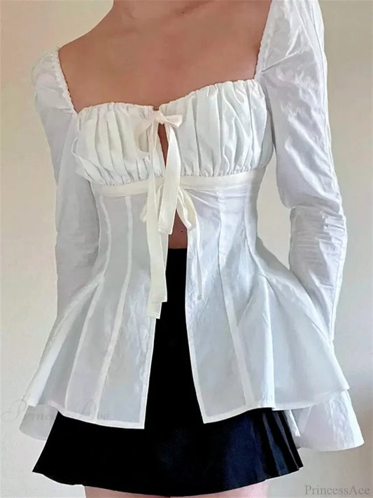 Vintage Puff Sleeve Tie-up Square Neck Blouse WHITE / S blouse-250126