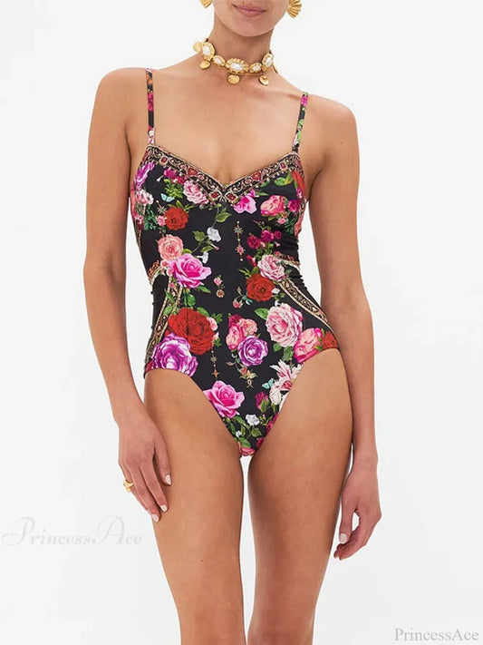 Vintage Sling Print Backless Bikini One Piece BLACK / S onepiece-250223