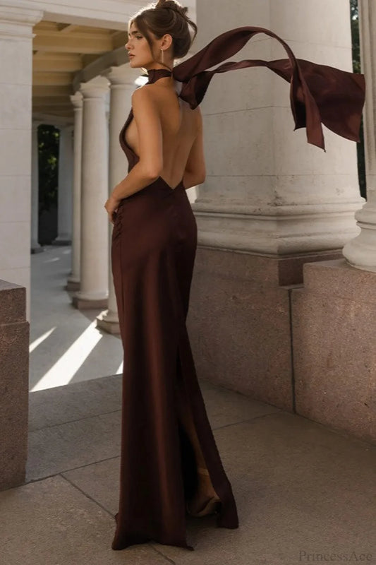 Vintage Solid Satin Backless Maxi Dress