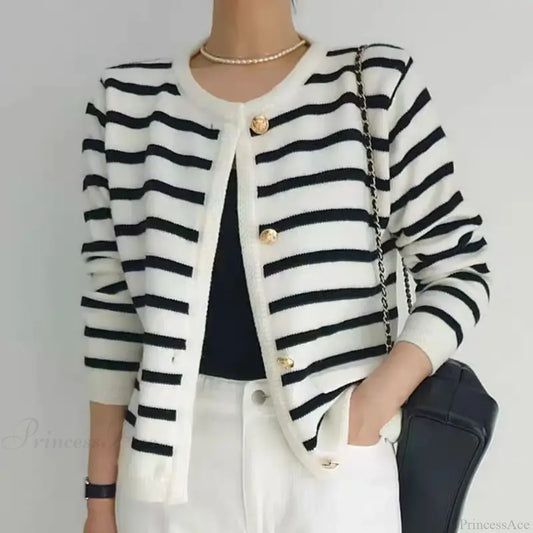 Vintage Striped Loose Knitting Simplicity Knit Cardigan Black / One Size cardiagn-250126