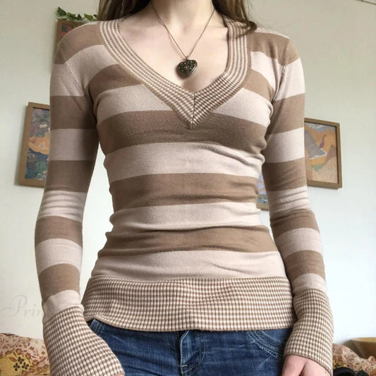 Vintage Striped T-shirt V-Neck Long Sleeve Knit Top Women knittop-250126