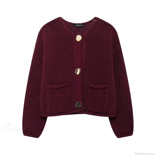 Vintage Stylish Cozy Cropped Wine Red Knitted Button Pocket Christmas Sweater Wine Red / S